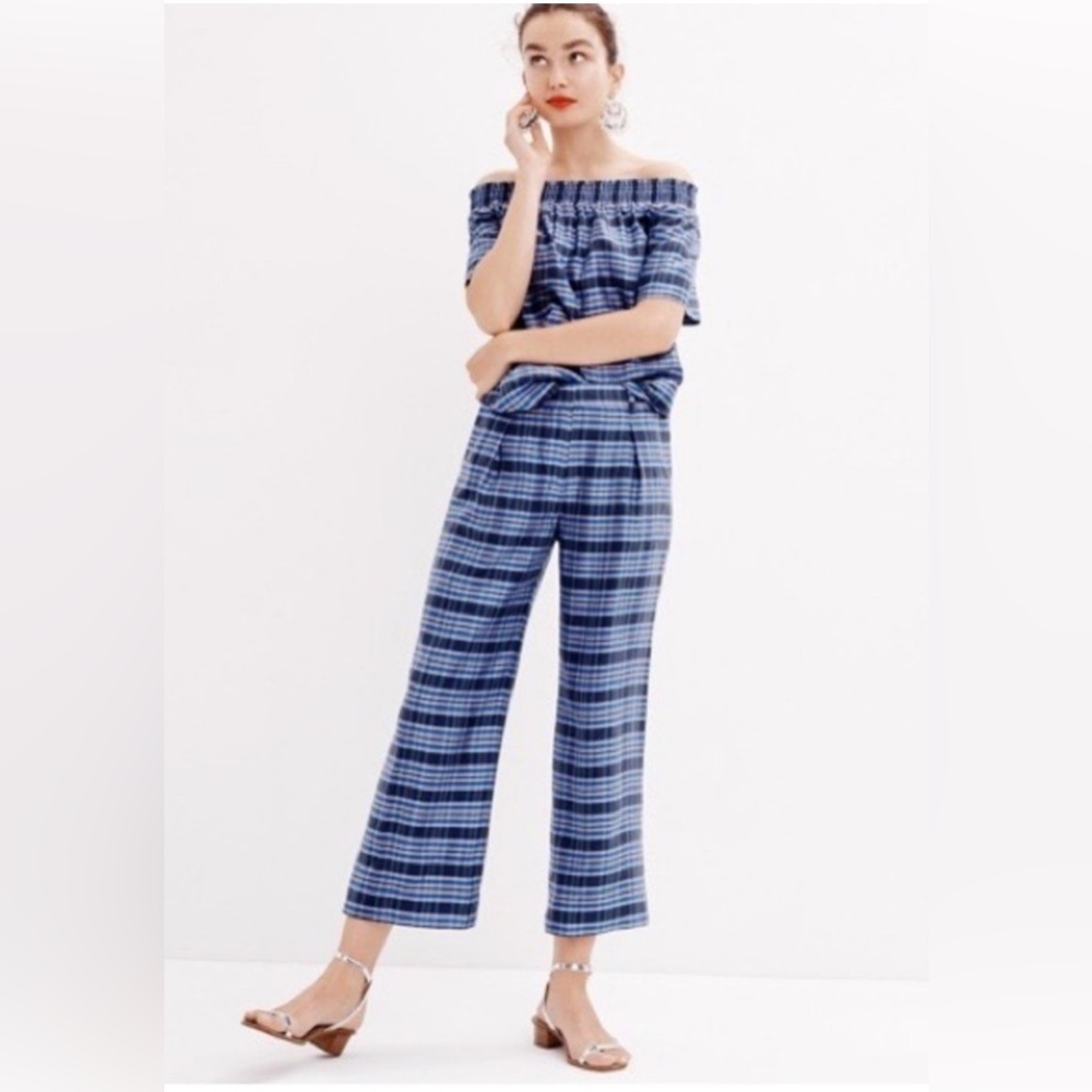 J. Crew Blue Checkered Cropped Pant and Off Shoulder Blouse Set